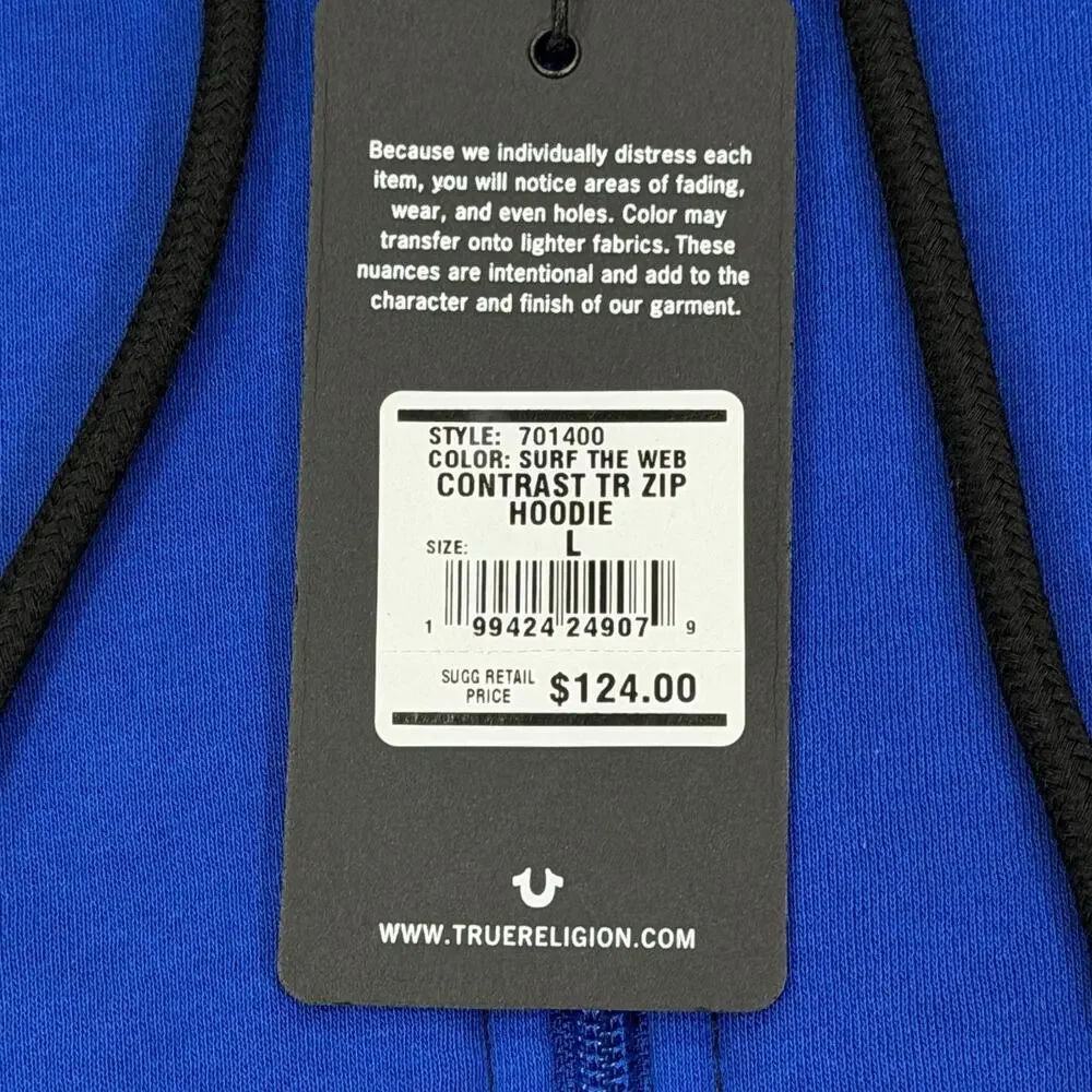 True Religion Mens Contrast TR Zip Hoodie Large L Surf The Web Blue Buddha NWT